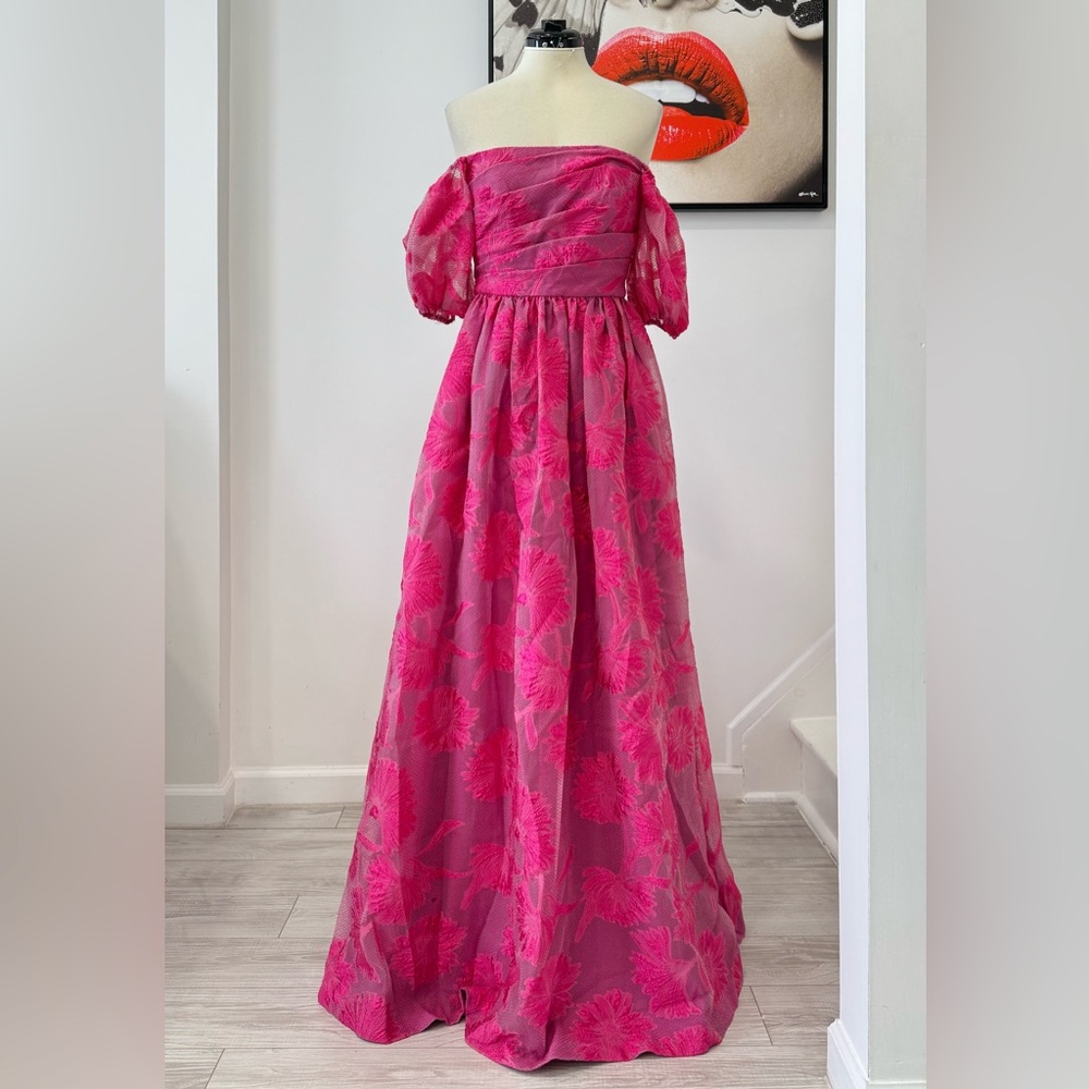 ML Monique Lhuillier Organza Jacquard Off-Shoulder Gown Floral Pink Maxi Dress - Picture 6 of 16